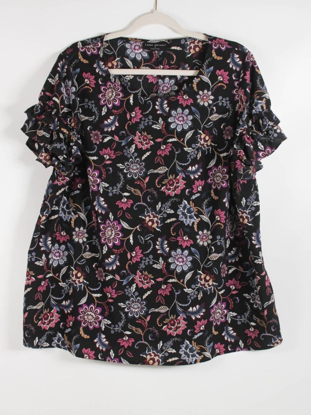 Lane Bryant Size 18 Black Floral Ruffle Sleeve Blouse